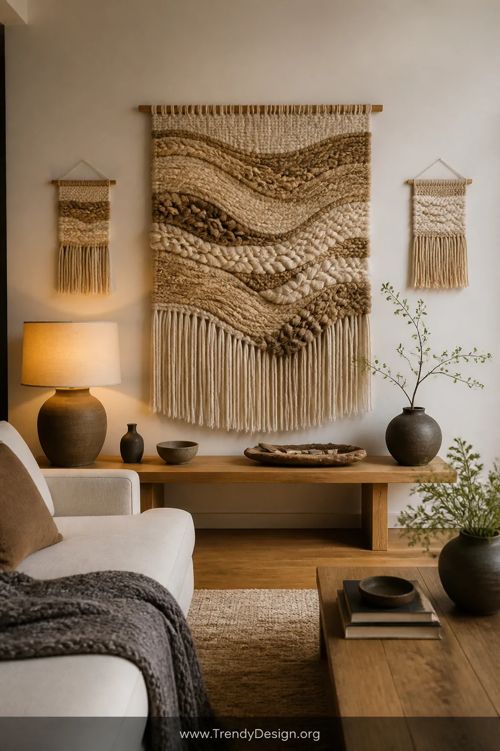 A wide shot of a warm Japandi-style living room corner featuring a large handwoven fiber wall tapestry in natural wool, jute,