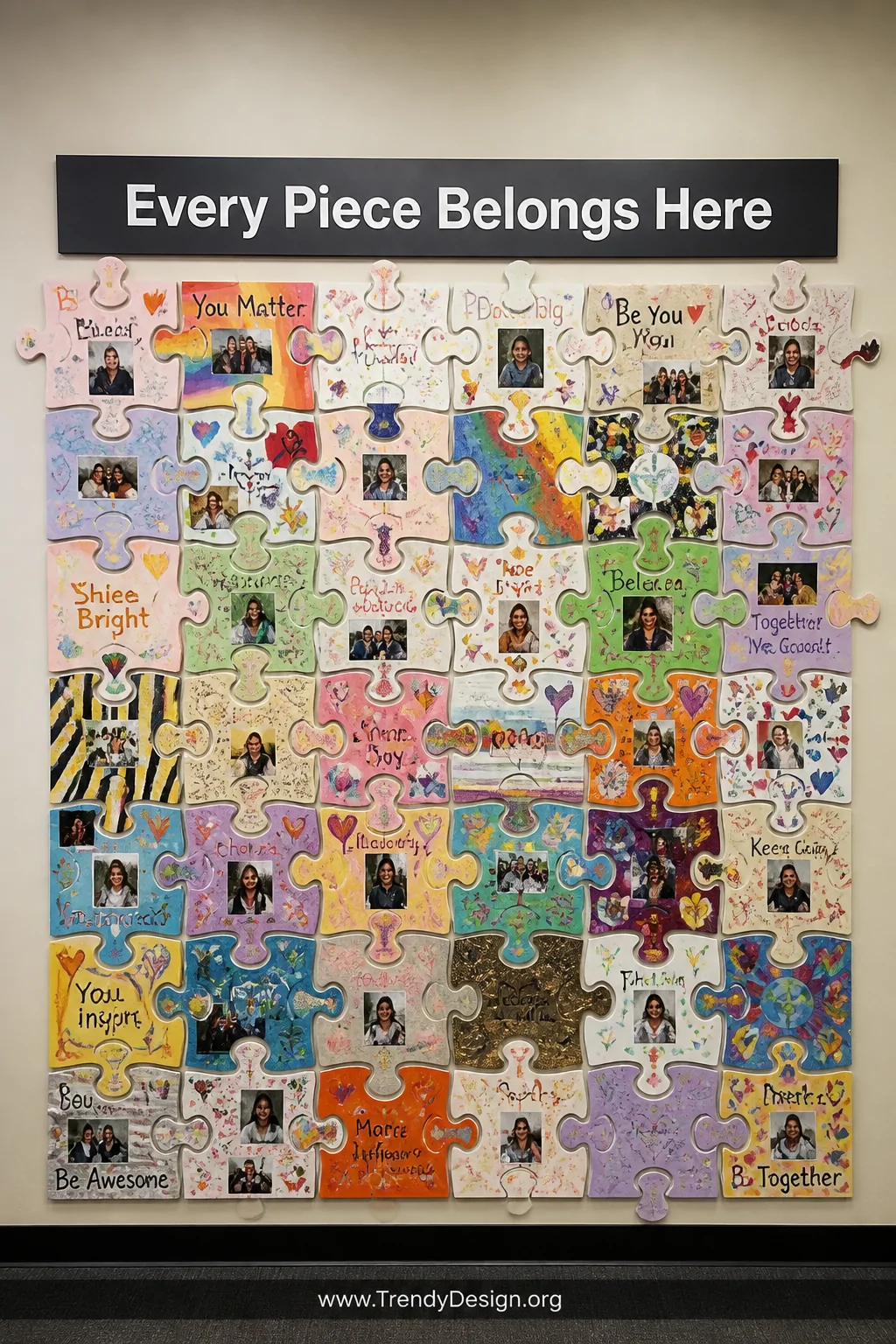 A wide shot of a large assembled puzzle piece display board mounted on a neutral cream wall, each oversized cardstock puzzle 