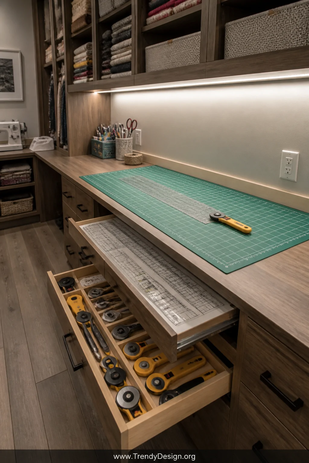 Medium photorealistic interior shot of a sleek built-in wooden countertop installed at standing height along the side wall of