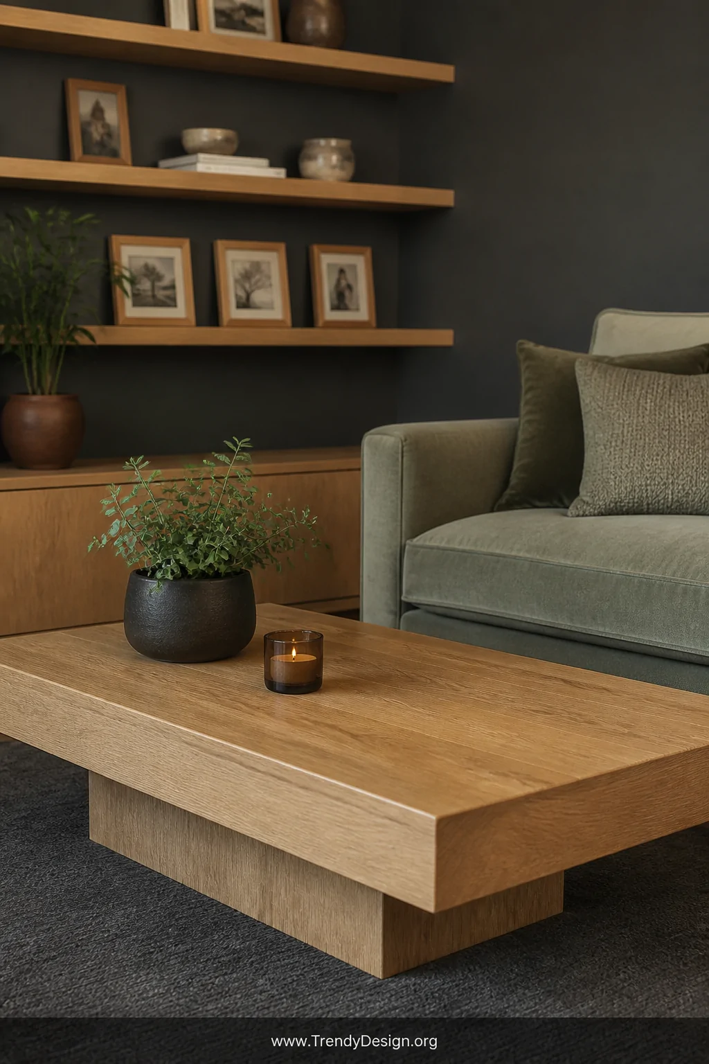 Detail shot of a light oak coffee table with natural wood grain sitting on a dark grey rug, oak floating shelves above holdin