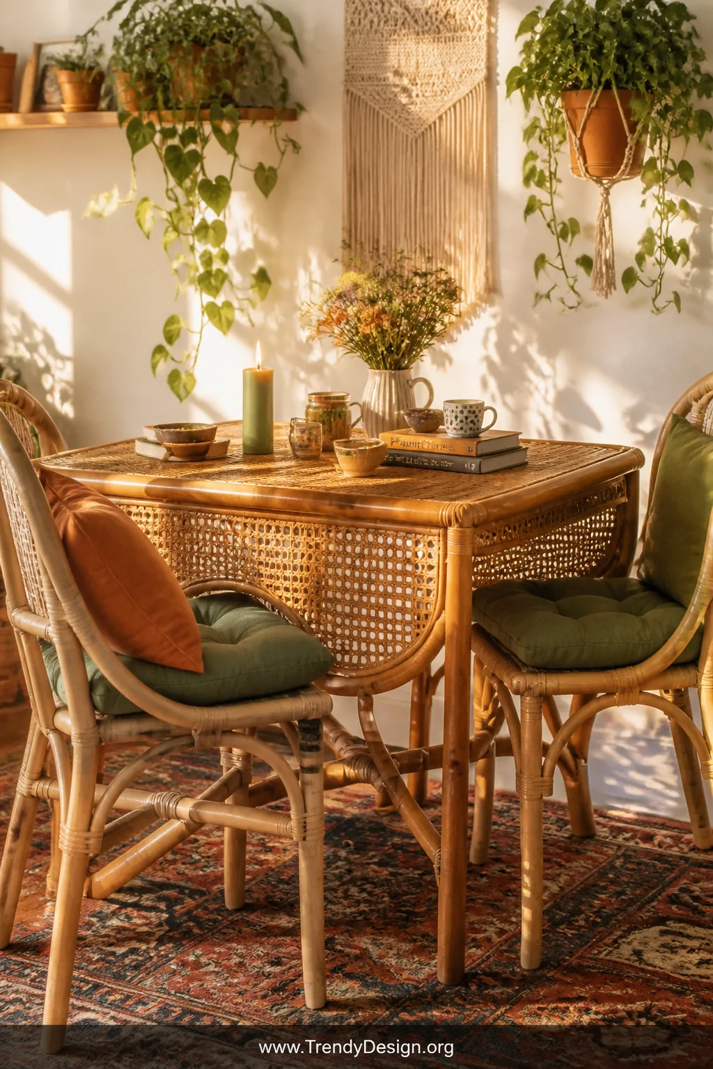 Sunlit closeup-medium shot of a bohemian breakfast nook featuring a rattan and cane drop leaf table covered in layered textur