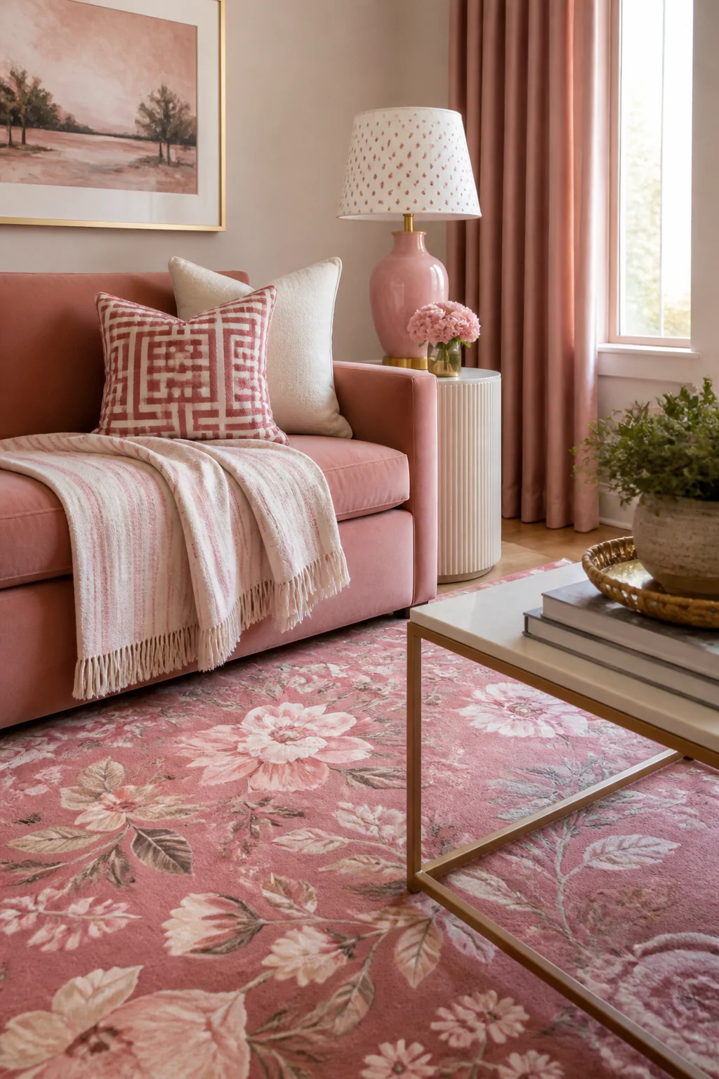A medium interior shot of a styled living room vignette featuring a bold pink floral rug layered with a throw blanket display
