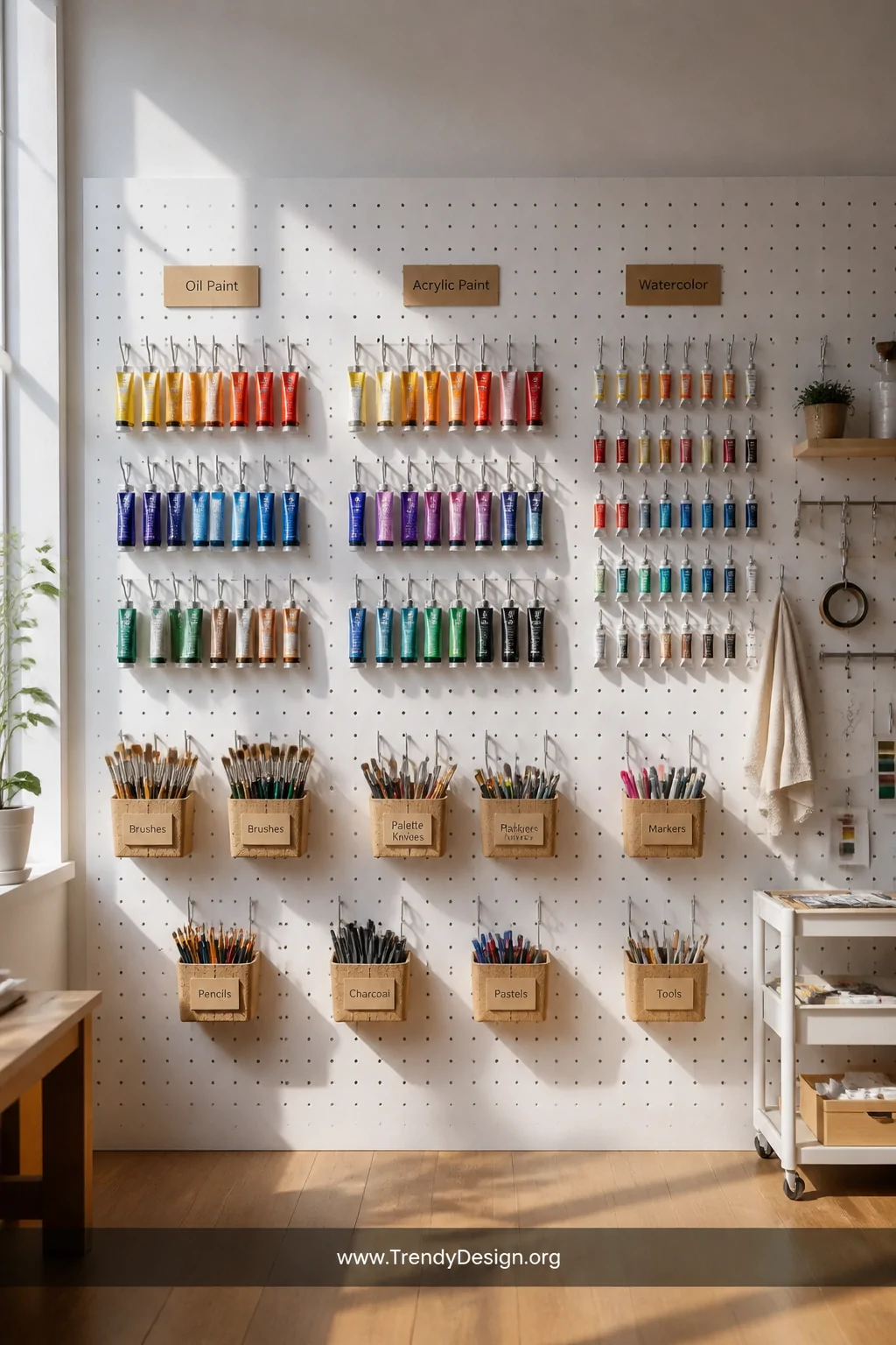 Wide shot of a bright art studio wall dominated by a large white pegboard system mounted flush, covered with an organized gri
