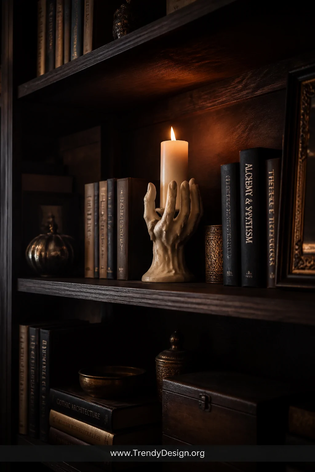 A wide moody bookshelf shot featuring an ivory cream wax hand sculpture with slightly curled fingers holding a tall white pil