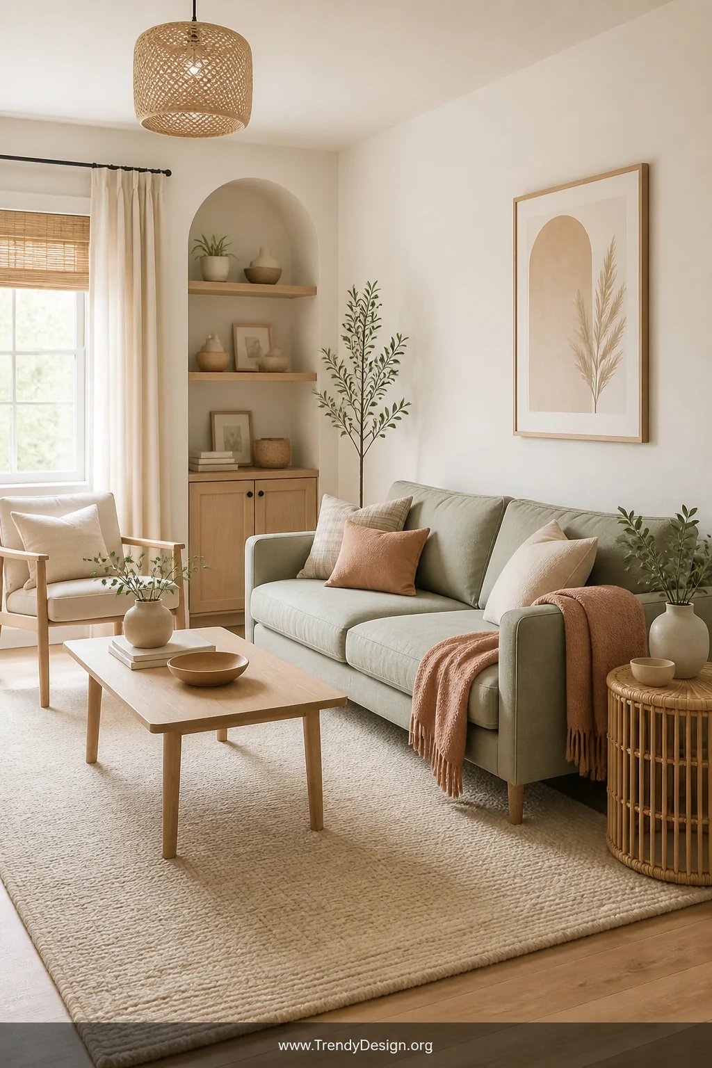 Wide photorealistic shot of a small living room bathed in a cohesive warm and airy color palette, walls painted in warm white