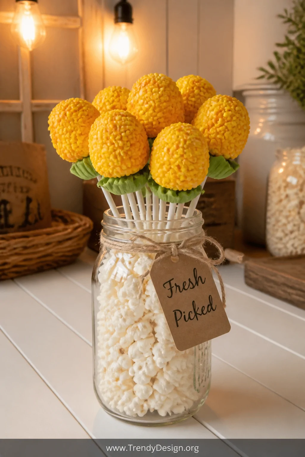 A medium shot of a mason jar filled with white fluffy popcorn holding multiple yellow cake pops upright, each coated in gloss