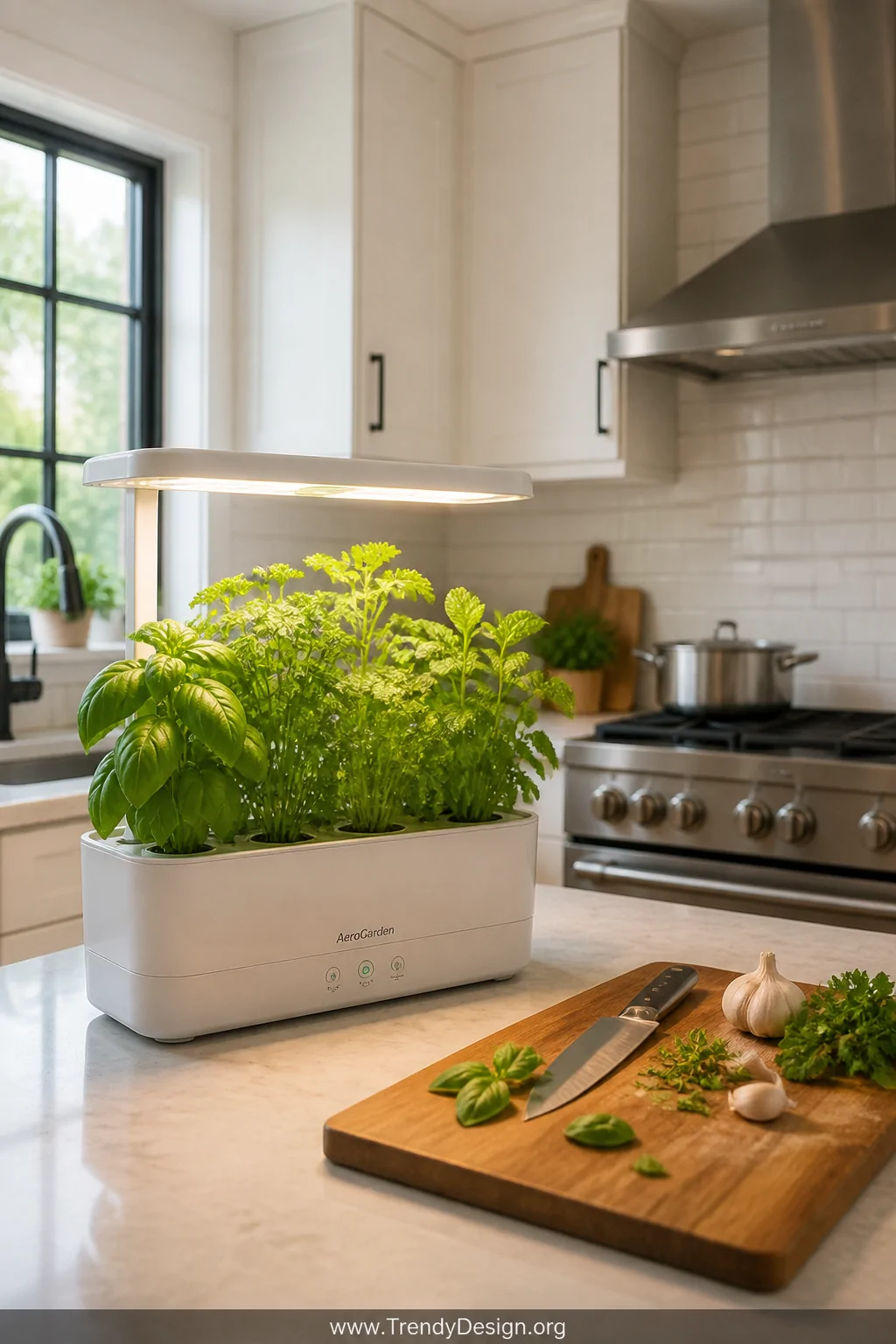 Wide shot of a bright modern kitchen counter with a white Aerogarden herb station growing lush green basil, cilantro, mint, a