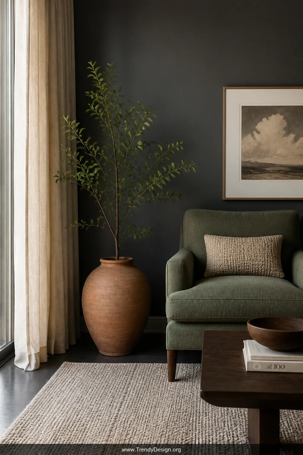 Medium shot of a living room corner where off-white linen curtains soften a dark grey wall, a cream oatmeal rug layered over 