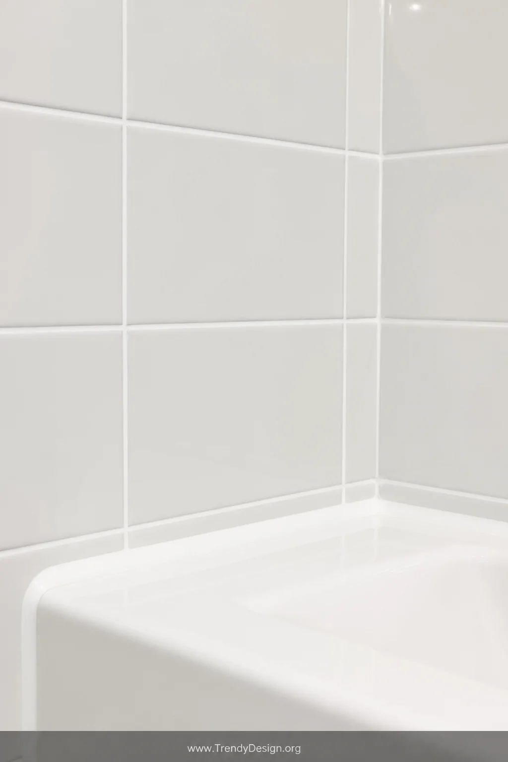 A close-up detail shot of freshly regrouted bright white tile grout lines in a clean geometric grid pattern, with crisp fresh