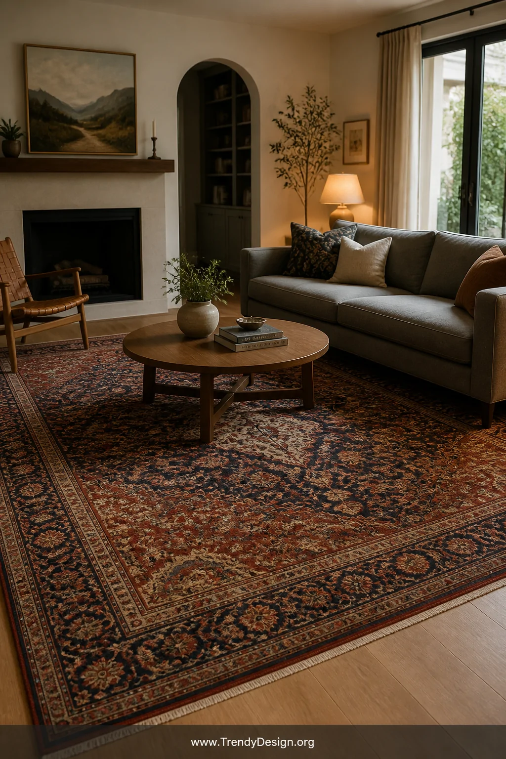 A wide-angle shot of a gray couch with its front legs resting on a large vintage Persian-style area rug in deep red, navy, an