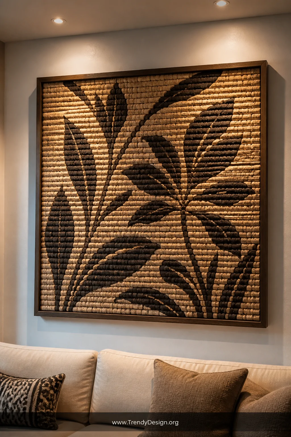 A medium wide shot of a framed cork shadow box wall panel mounted on a white plaster wall, featuring a mosaic of wine corks a