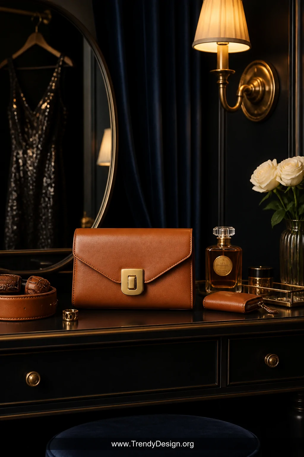A medium shot of a elegantly styled vanity shelf in a moody Old Hollywood-inspired dressing room, showcasing a structured cog