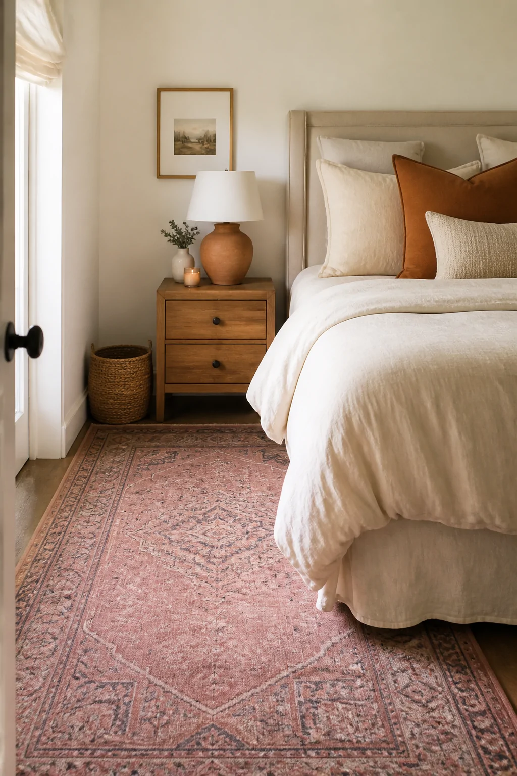 Medium photorealistic shot of a small bedroom corner featuring a pink Persian rug surrounded by ivory linen bedding, a warm n