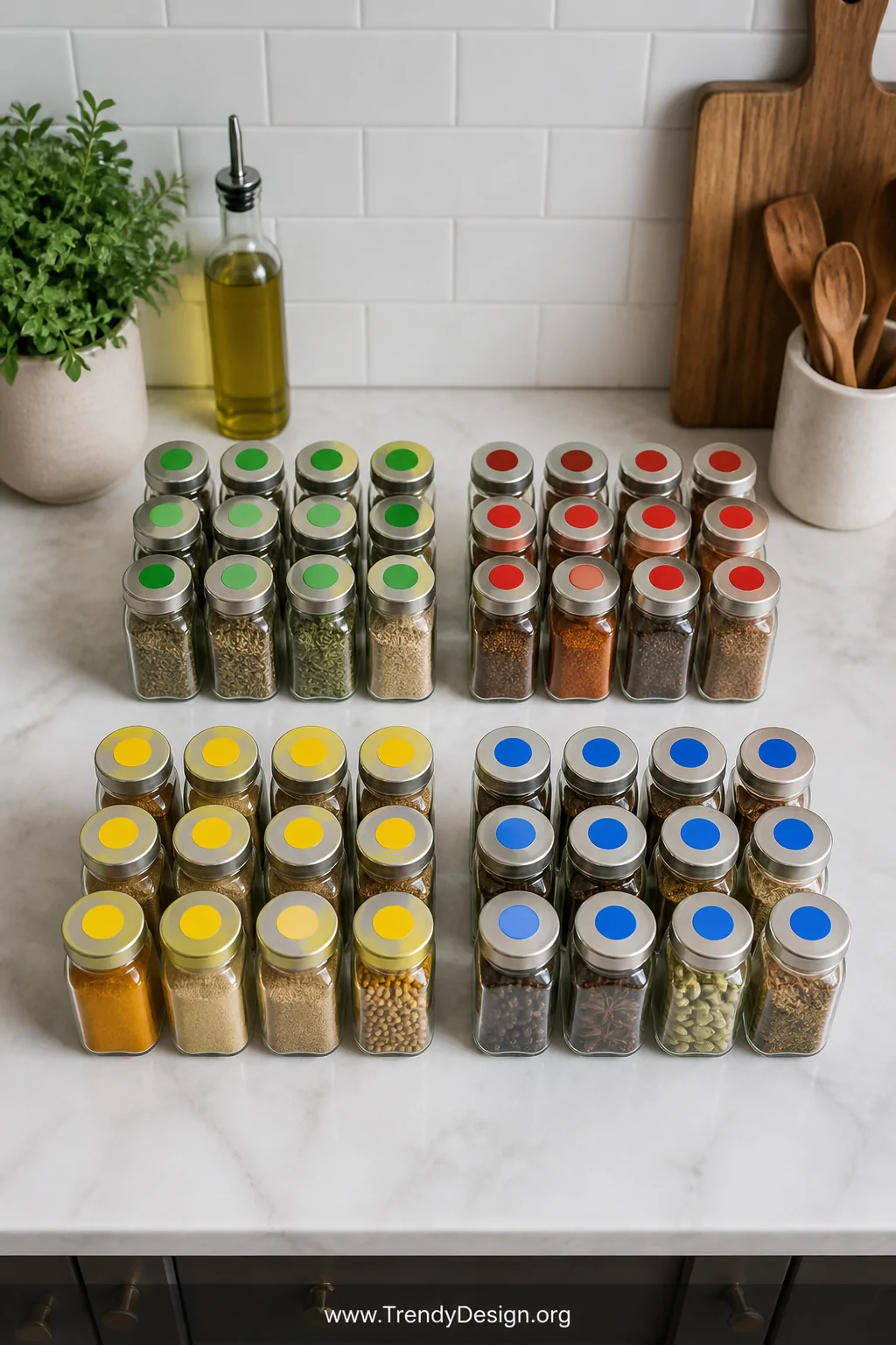 A medium overhead shot of a kitchen counter with a grid of small glass spice jars organized into groups by colored dot labels