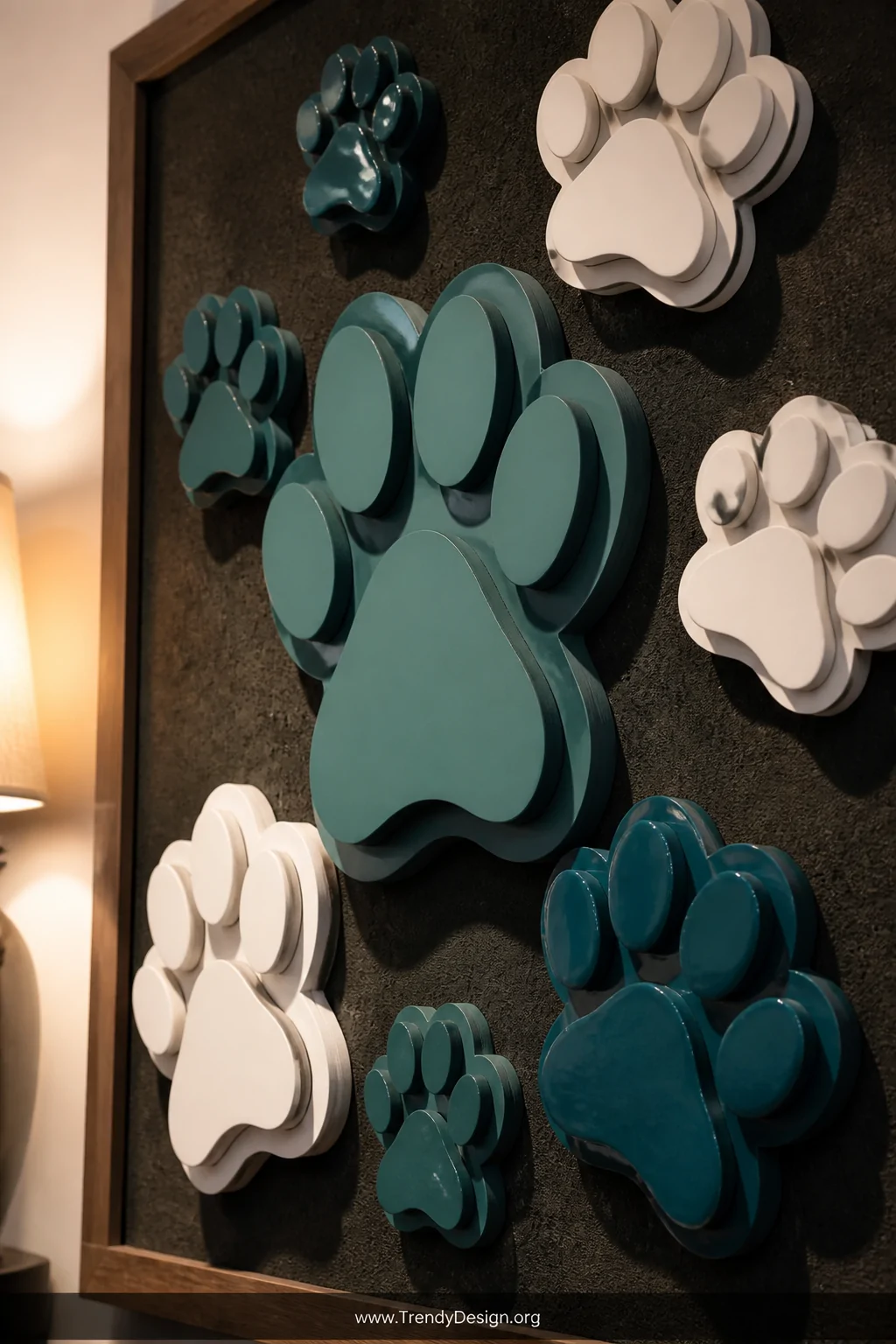 A medium close-up shot of a bulletin board displaying layered 3D foam paw print accents in graduated heights painted in deep 