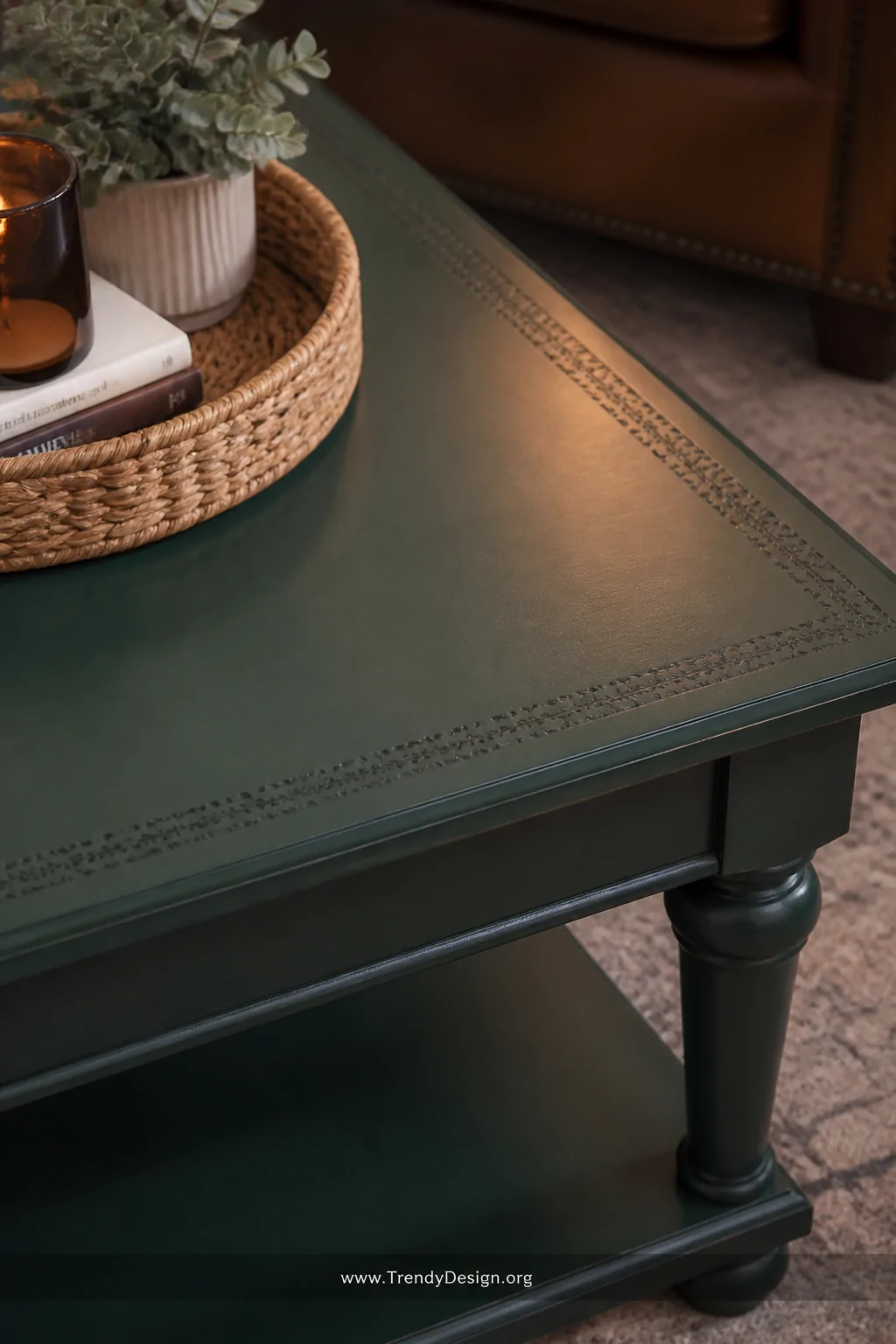 A close-up detail shot of a wooden coffee table painted in deep forest green chalk paint with a smooth matte finish, a subtle
