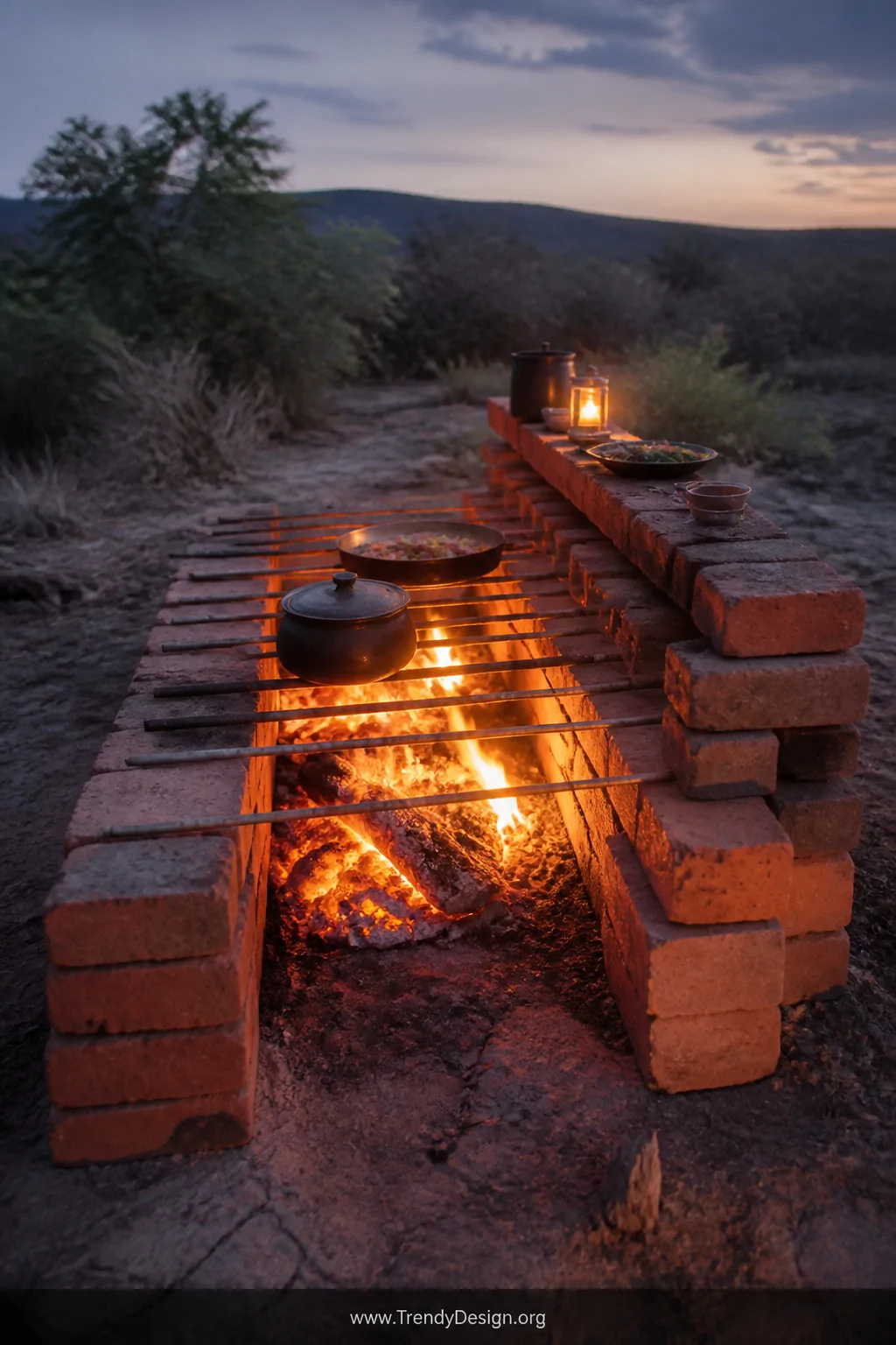 A medium wide shot of a rustic outdoor cooking station built from two parallel rows of rough red fire bricks with multiple st