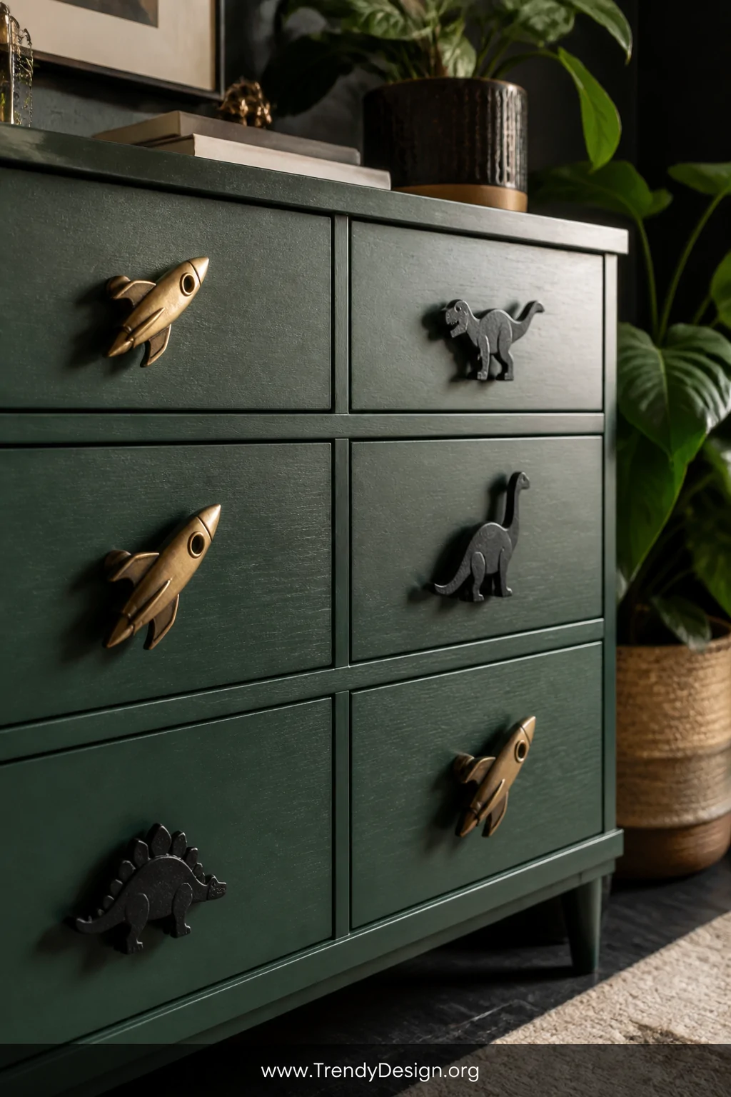 A medium detail shot of a dark forest green painted dresser showcasing oversized novelty drawer pulls shaped like rocket ship