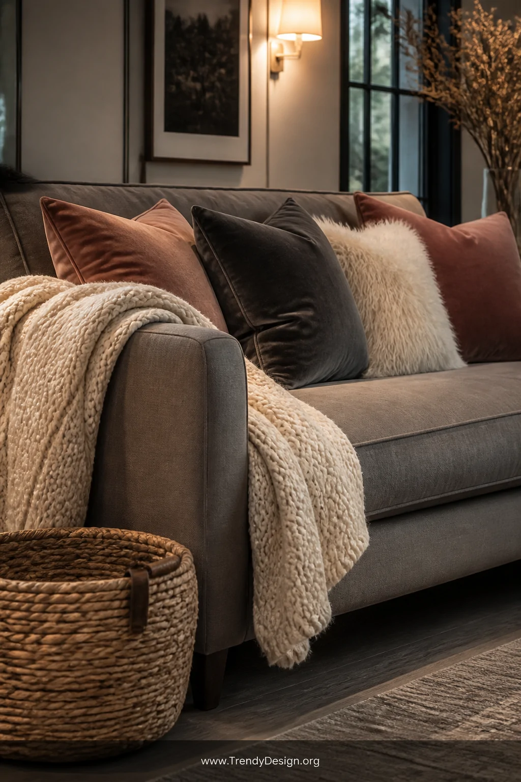 A close-up medium shot of a plush gray sofa layered with a chunky cream knit throw casually draped over one arm, three velvet