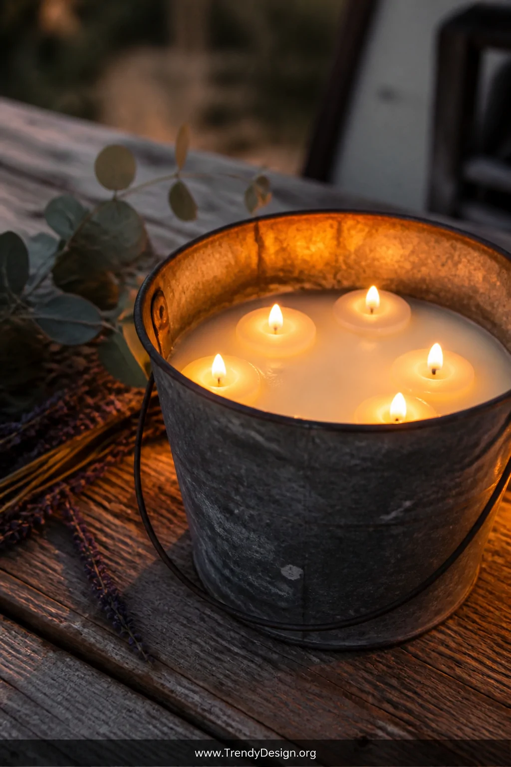 A close-up detail shot of a weathered metal bucket filled with citronella wax and floating LED tea lights casting a warm flic