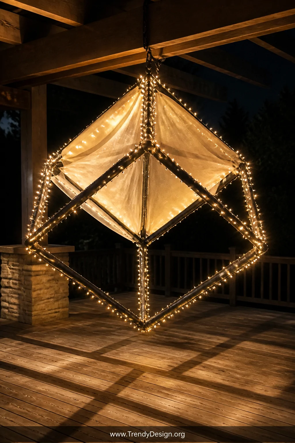 A medium shot of a large matte black PVC pipe geometric cube lantern frame suspended from a pergola beam, warm string lights 