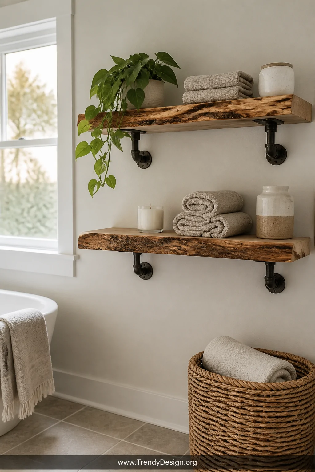 Wide shot of a farmhouse bathroom wall featuring two live-edge wood slab floating shelves mounted on industrial black pipe br