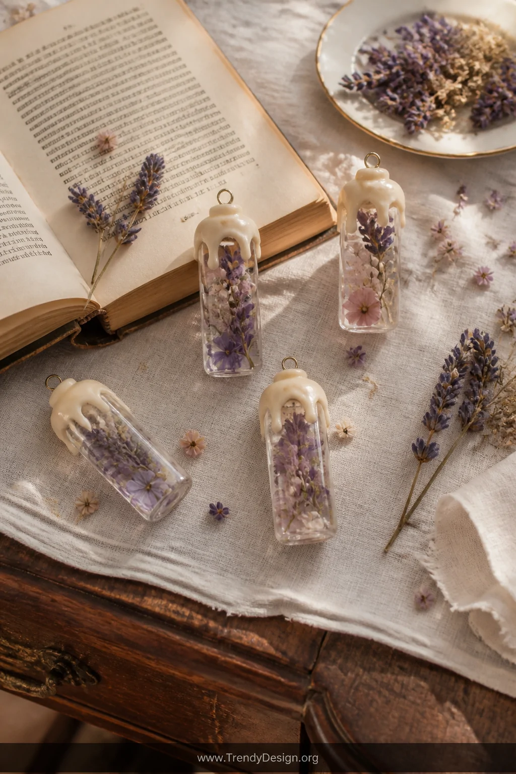 A wide romantic flat-lay shot on a linen-draped antique wooden table, featuring several delicate mini glass bottle charms sea