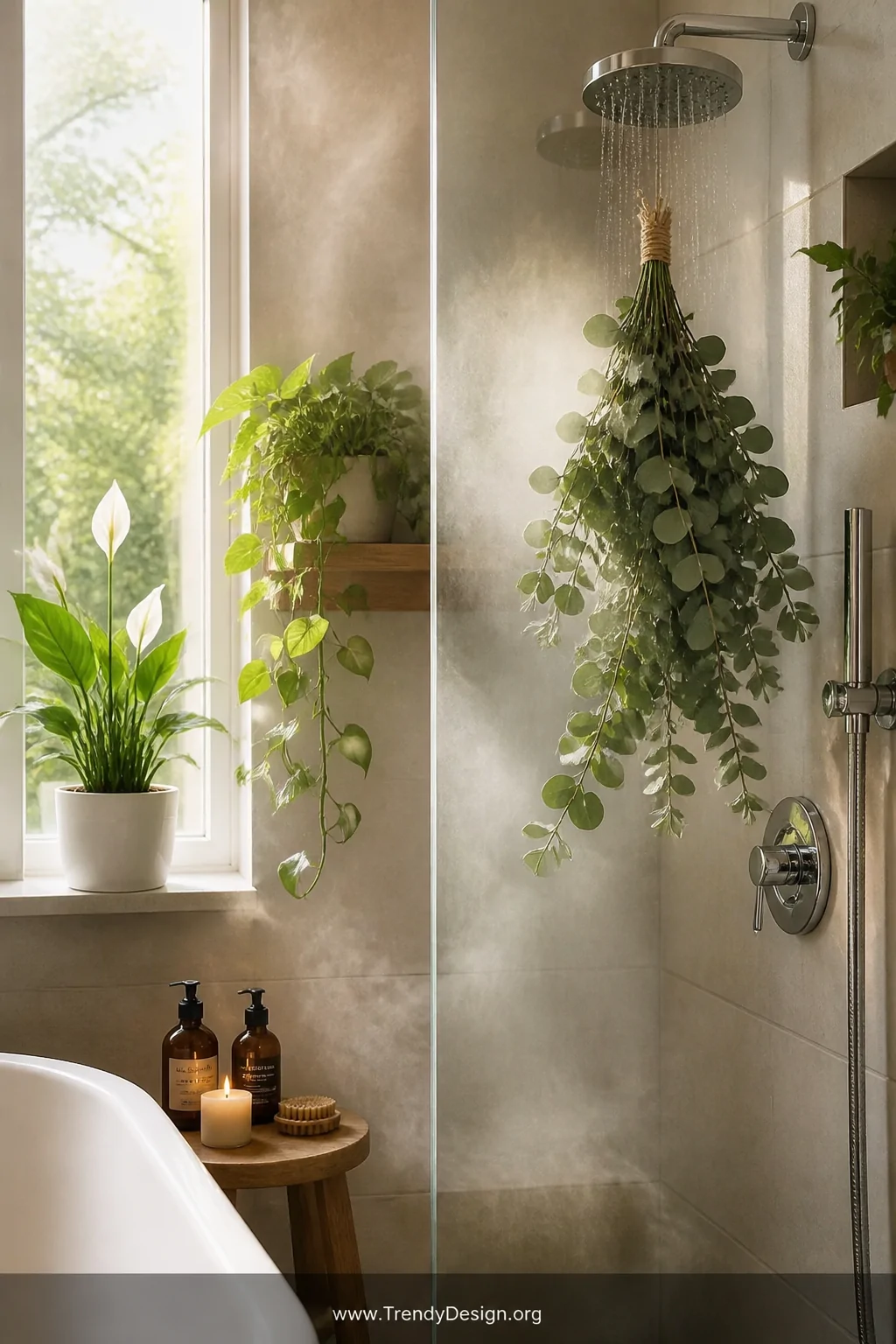 A wide shot of a serene spa-like bathroom with a pothos plant cascading from a natural wood shelf, a peace lily in a white ce