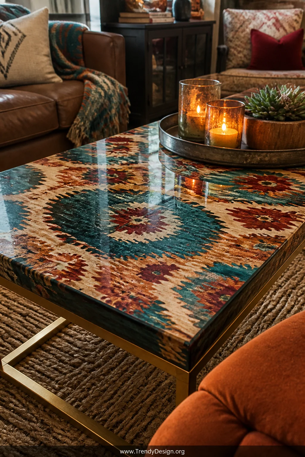 A medium shot of a lacquered coffee table surface decoupaged with bold ikat-patterned fabric in deep jewel tones of teal, bur