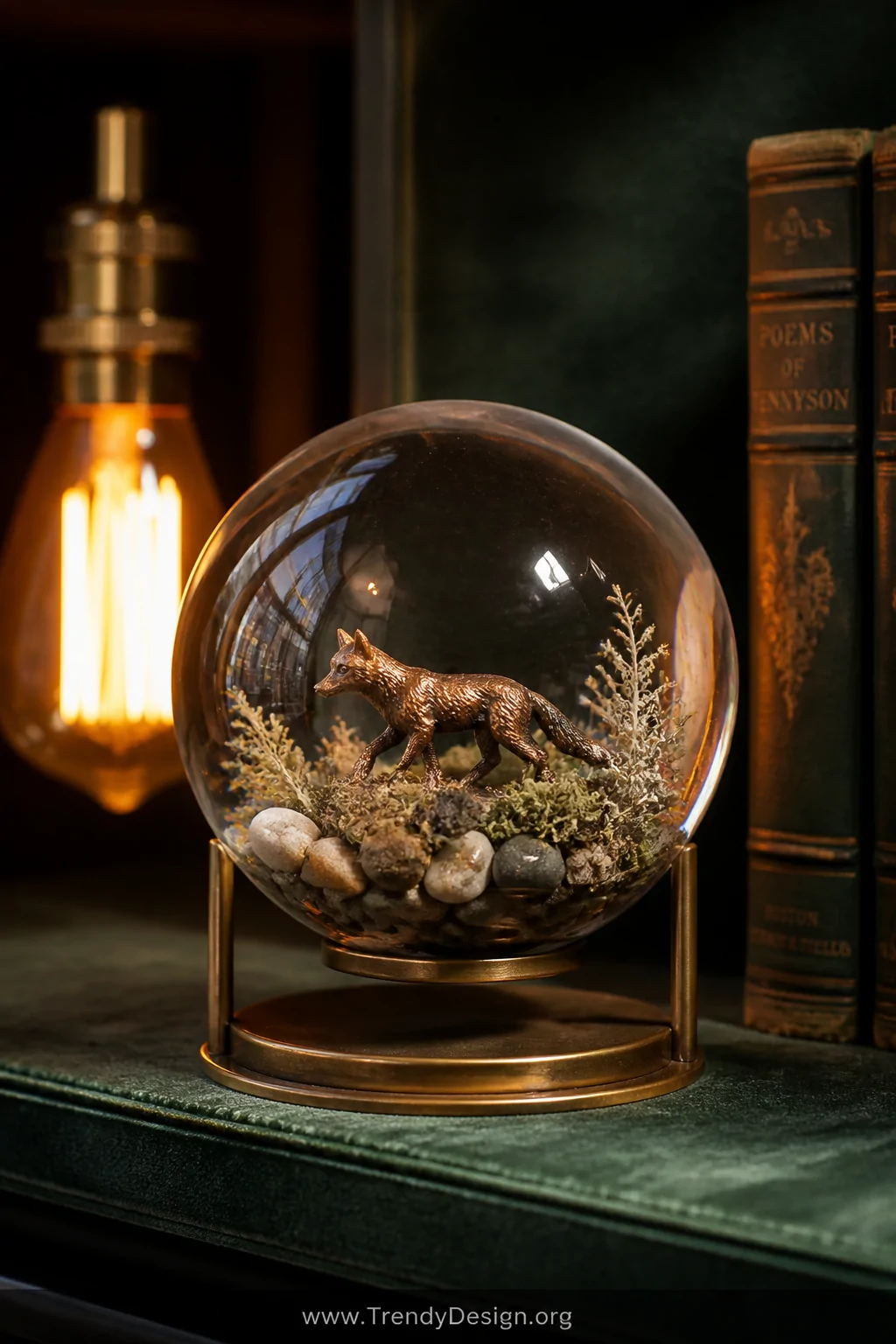A medium detail shot of a crystal-clear resin paperweight orb displayed on a brass stand atop a dark emerald velvet shelf, wi