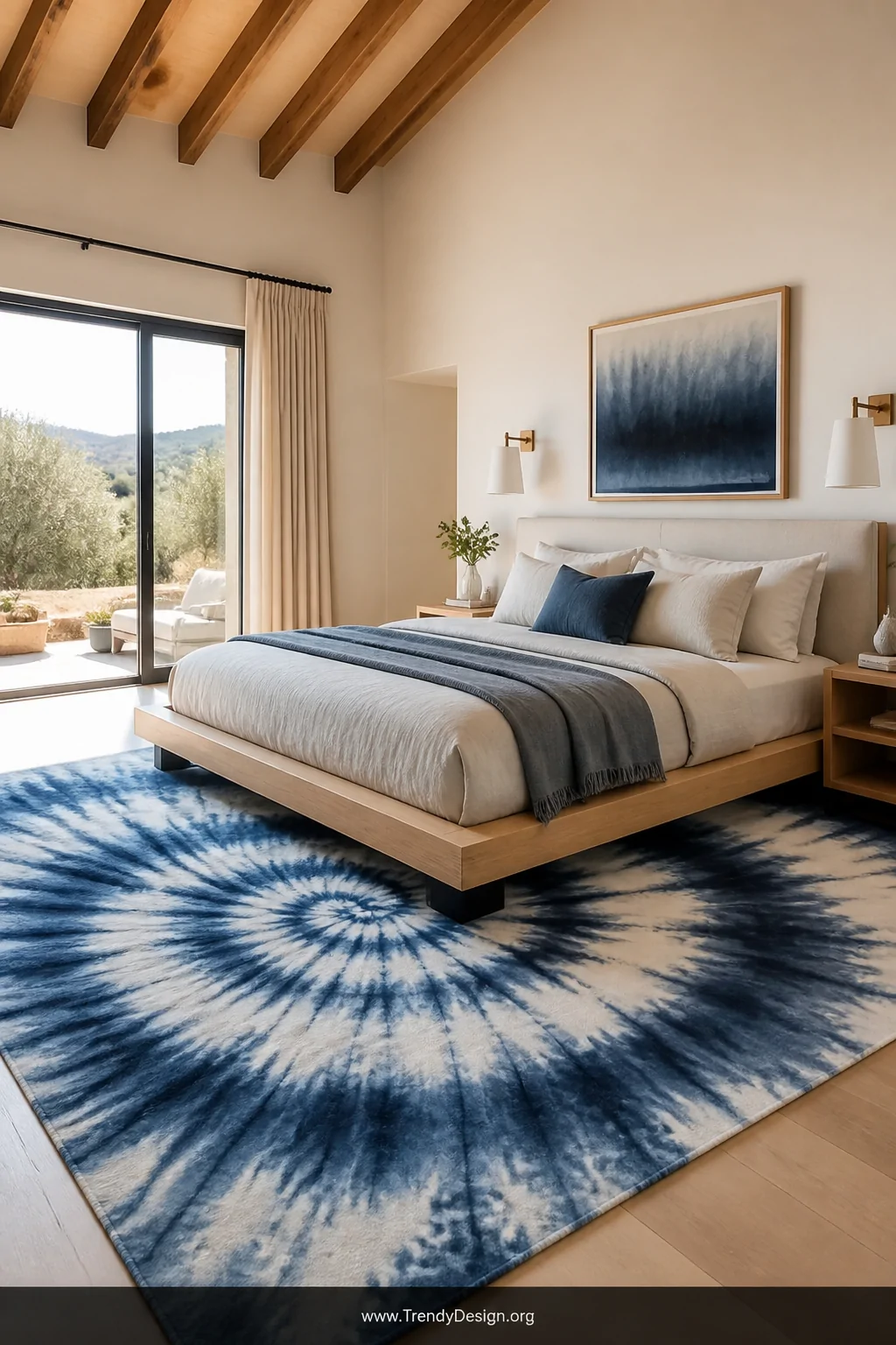 Wide shot looking across a bedroom floor at a large 8x10 tie dye rug in soft indigo and white spiral patterns anchoring the s
