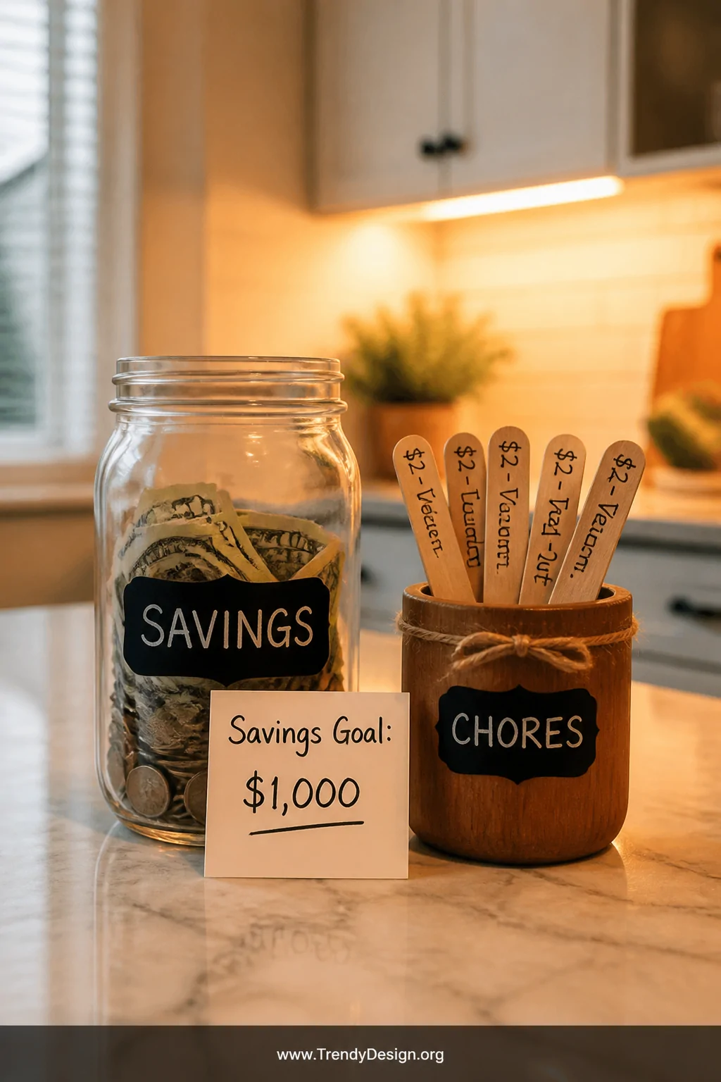 A closeup shot of a clear glass savings jar half-filled with coins and folded dollar bills sitting beside a small wooden chor