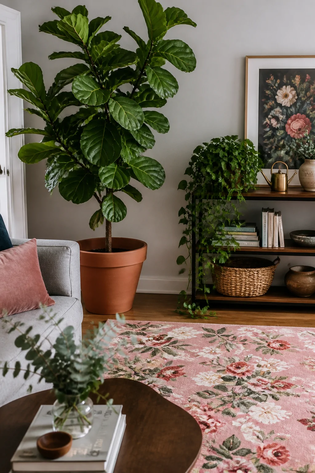 A medium interior shot of a cozy living room corner where a large fiddle leaf fig in a terracotta pot stands beside a pink fl