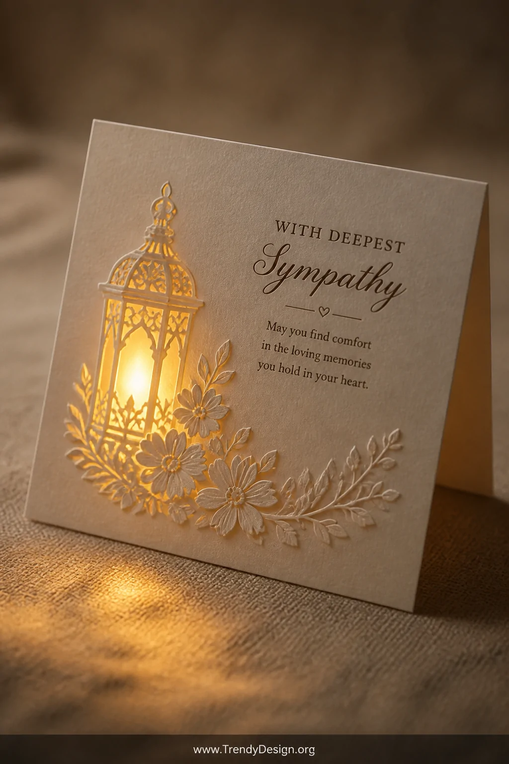 A soft, intimate close-up detail shot of a single LED sympathy card resting on a linen textured surface, one gentle amber can