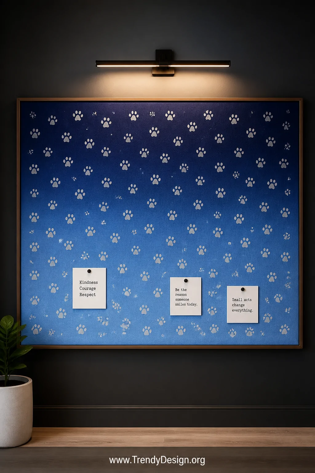 A wide dramatic shot of a bulletin board featuring an ombre background graduating from deep navy at the top to bright sky blu