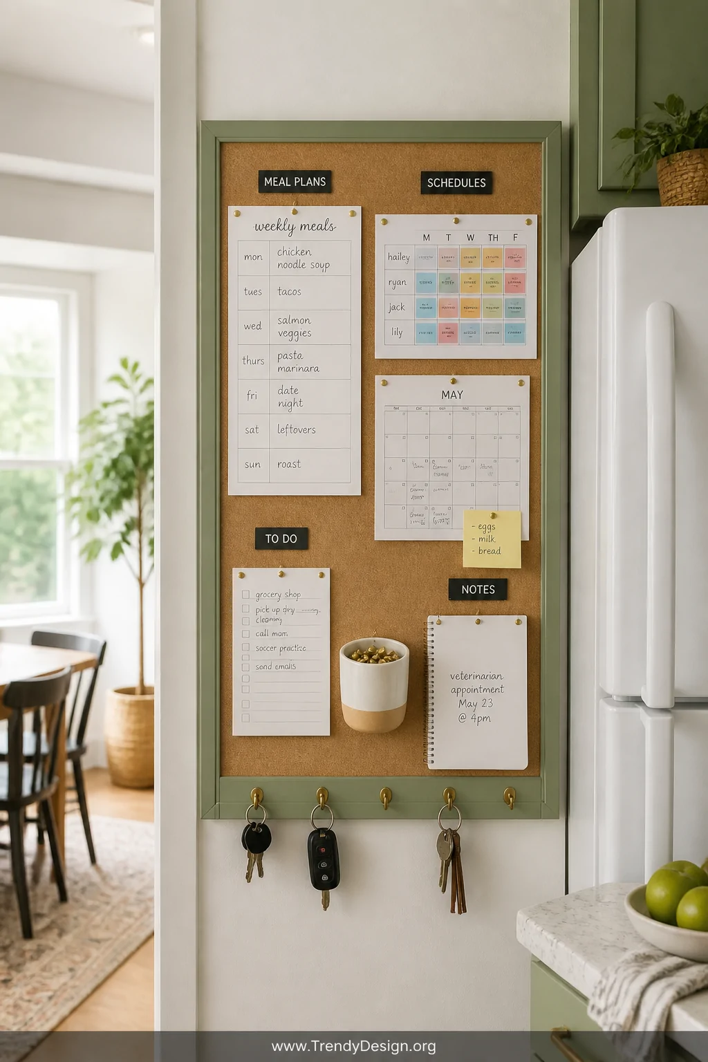 Medium shot of a bright kitchen command center featuring a cork board mounted beside a white refrigerator with a painted sage