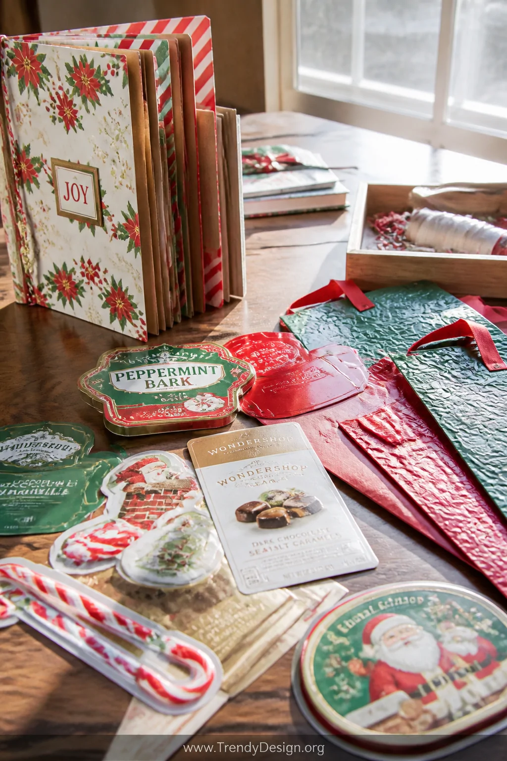 Medium shot of a craft workspace tabletop where flattened holiday tin labels, glossy cookie tin cutouts, candy cane wrappers,