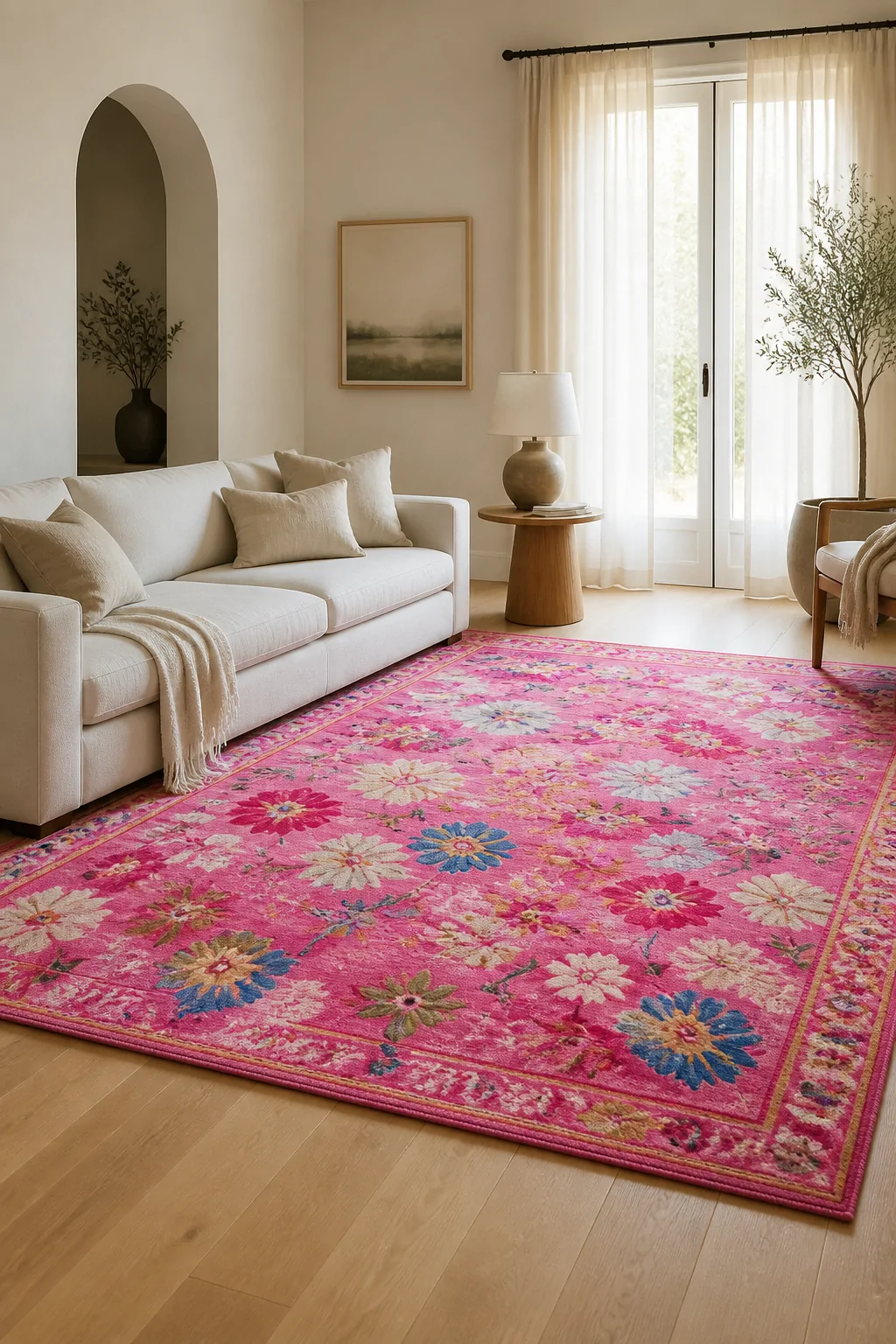 A wide-angle photorealistic living room shot featuring a vibrant pink floral rug centered on light hardwood floors, surrounde