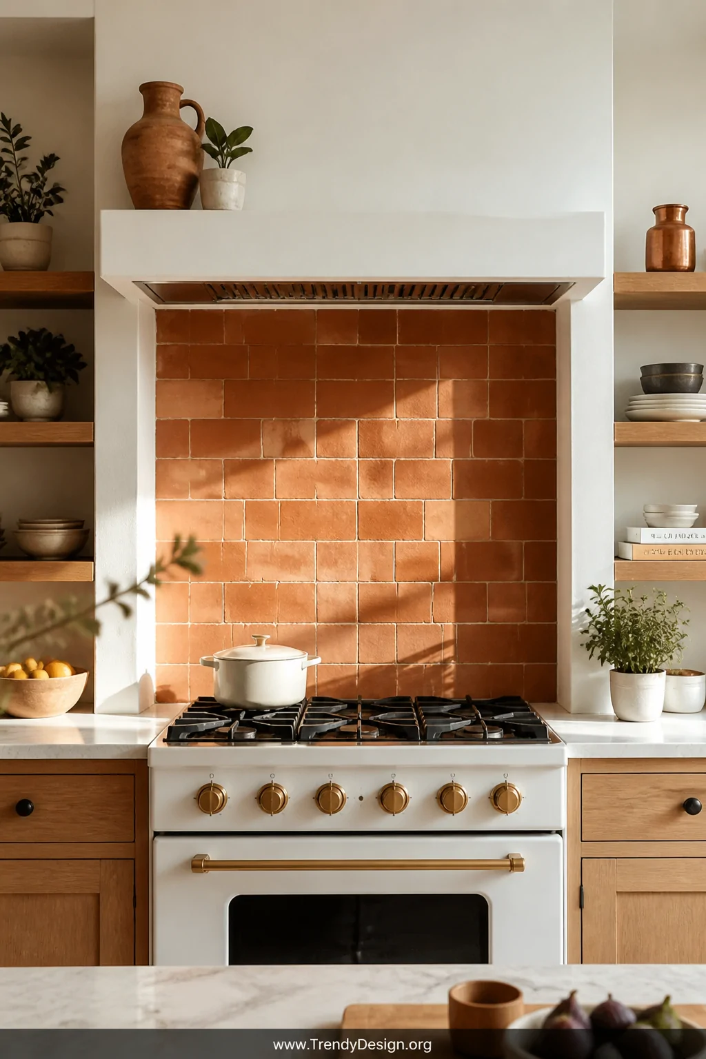 A medium shot of a bright kitchen featuring a small terracotta clay tile backsplash above a white farmhouse stove, warm rust-