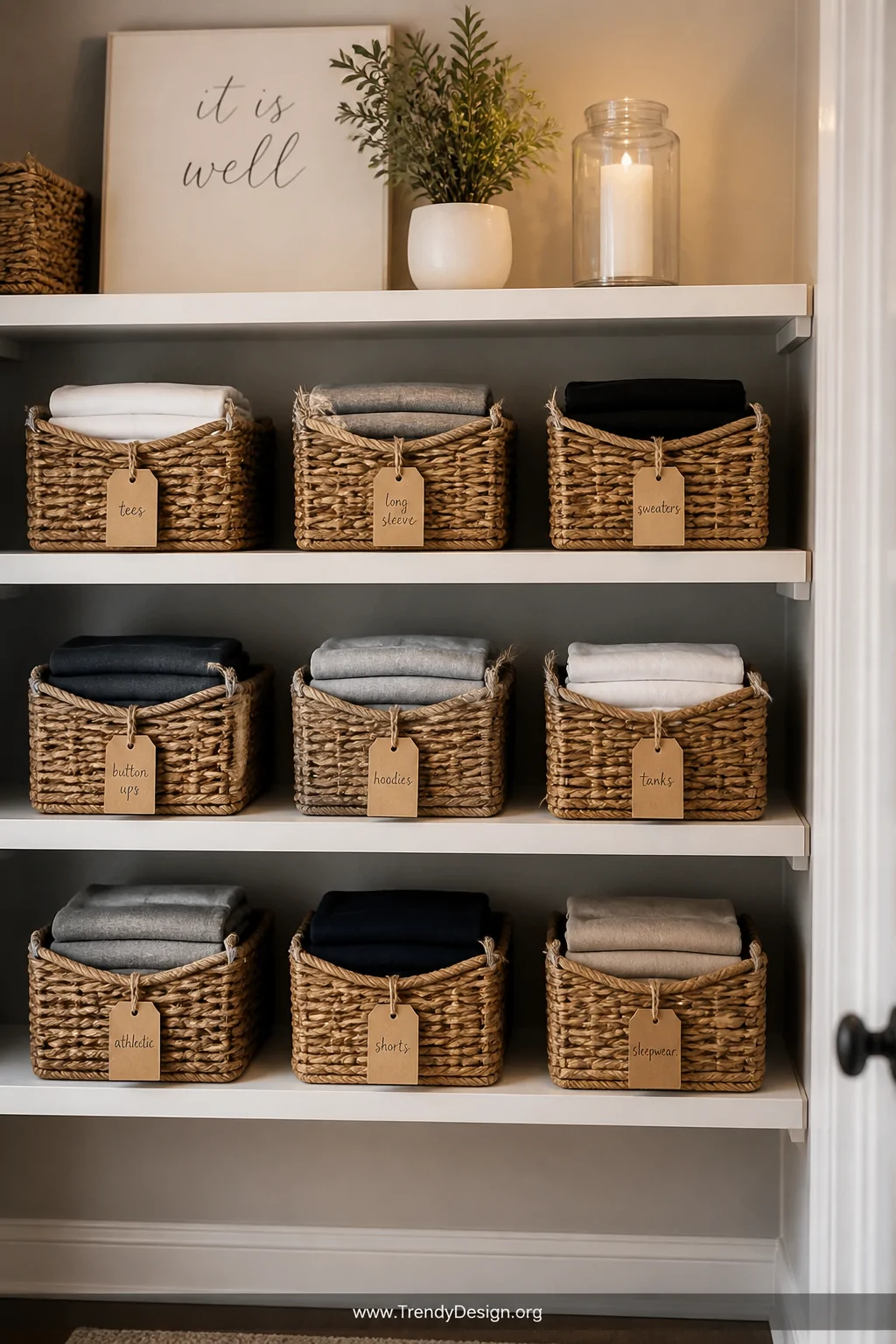 A medium shot of white open shelving mounted on a light grey wall, styled with evenly spaced natural woven baskets with rope 