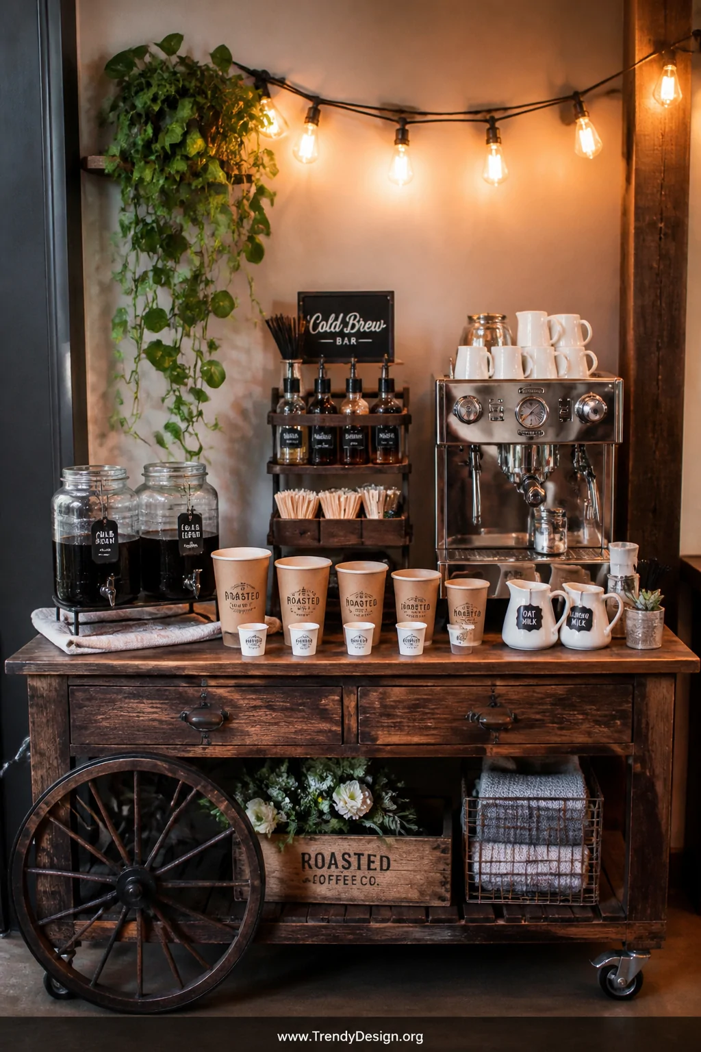 Wide shot of a vintage-style wooden cart styled as a cold brew coffee bar corner, featuring glass dispensers filled with dark