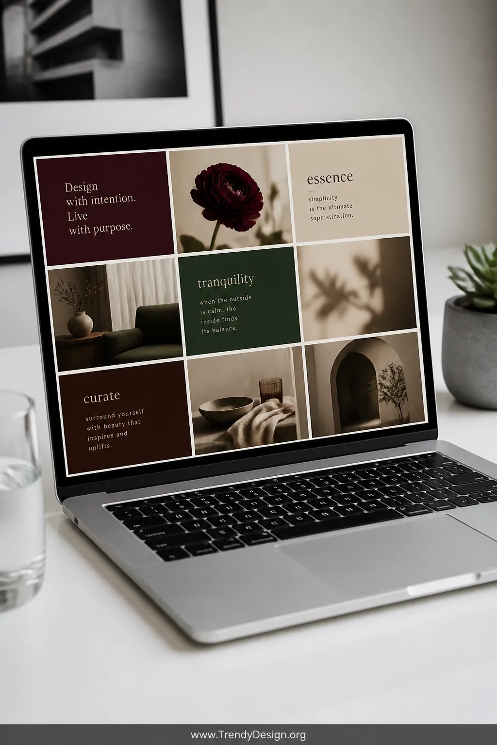 A closeup shot of a sleek silver laptop open on a minimalist white desk displaying a beautifully designed digital mood board 