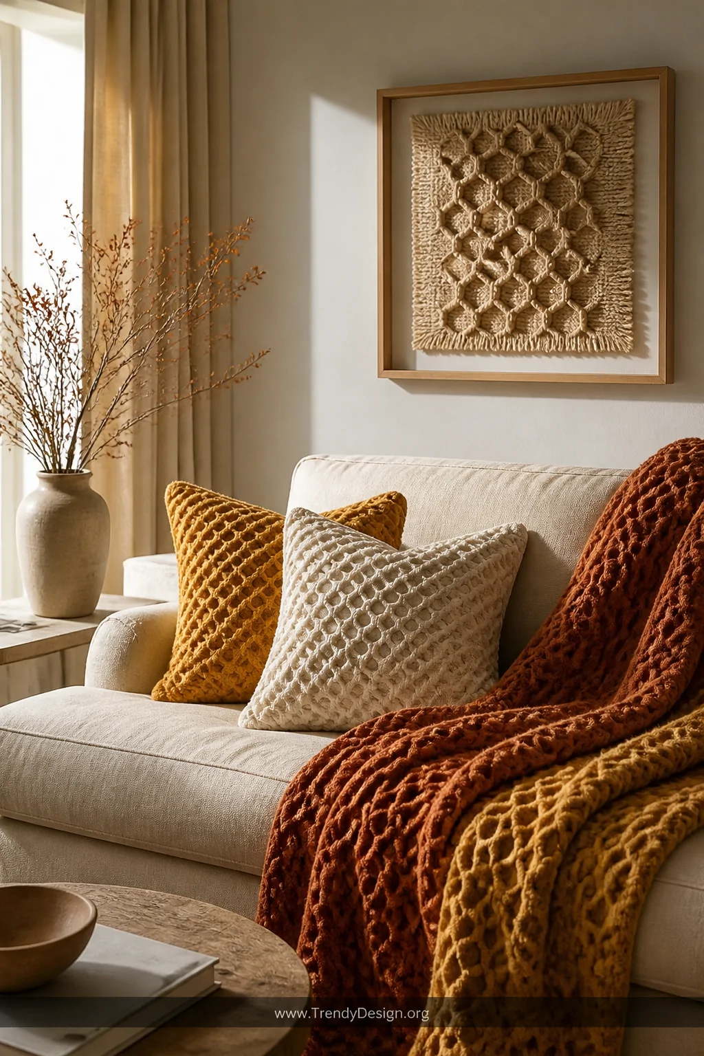 A medium shot of a linen sofa draped with a chunky natural cotton honeycomb-weave throw blanket in warm rust and mustard tone