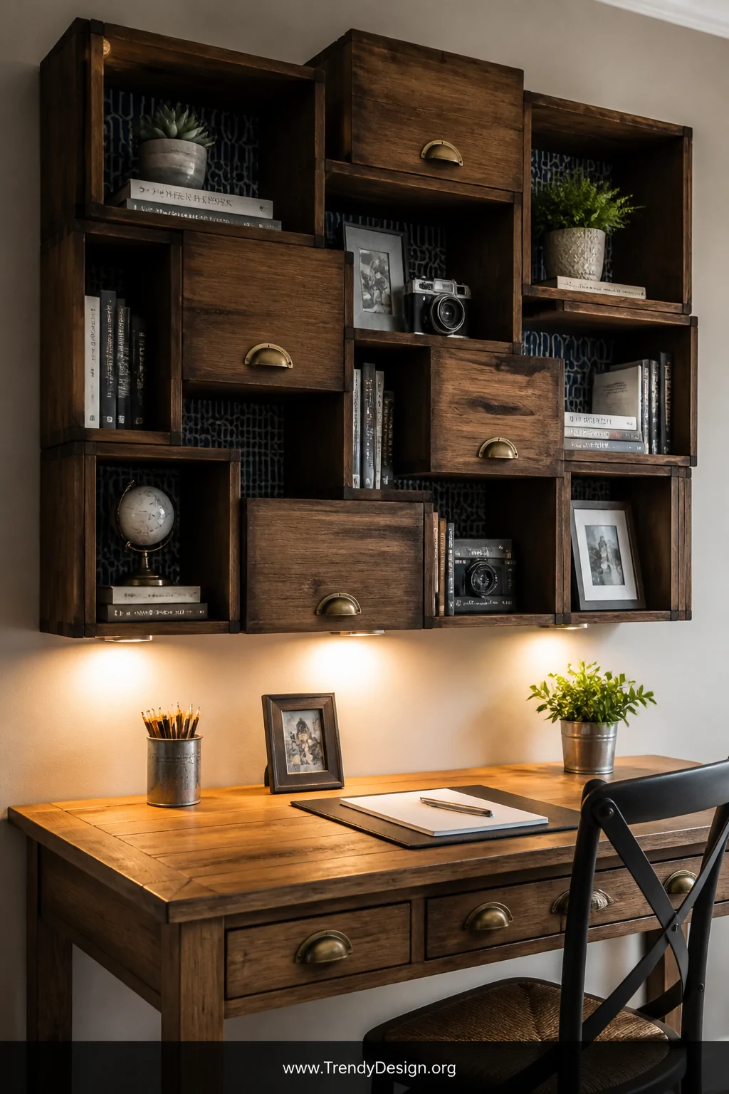 A medium shot of a rustic wooden crate cluster hutch mounted above a natural wood desk, crates arranged asymmetrically with s