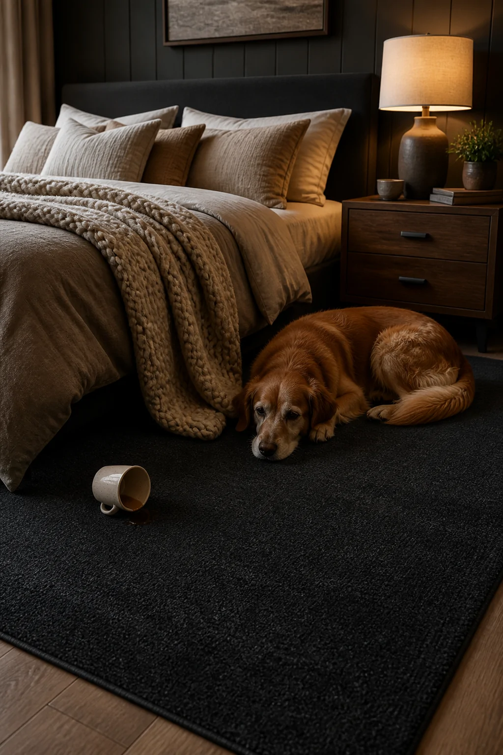 Medium shot of a cozy, lived-in bedroom featuring a deep charcoal low-pile stain-resistant rug beside a bed, a dog curled cas