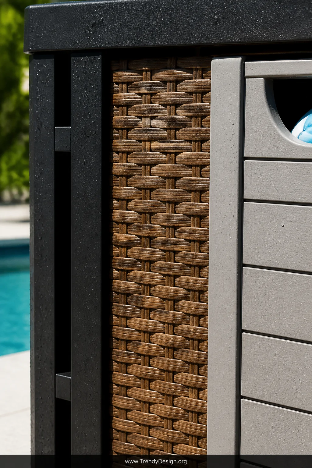 Close-up detail shot of outdoor pool float storage materials side by side   powder-coated matte black steel frame, a panel of