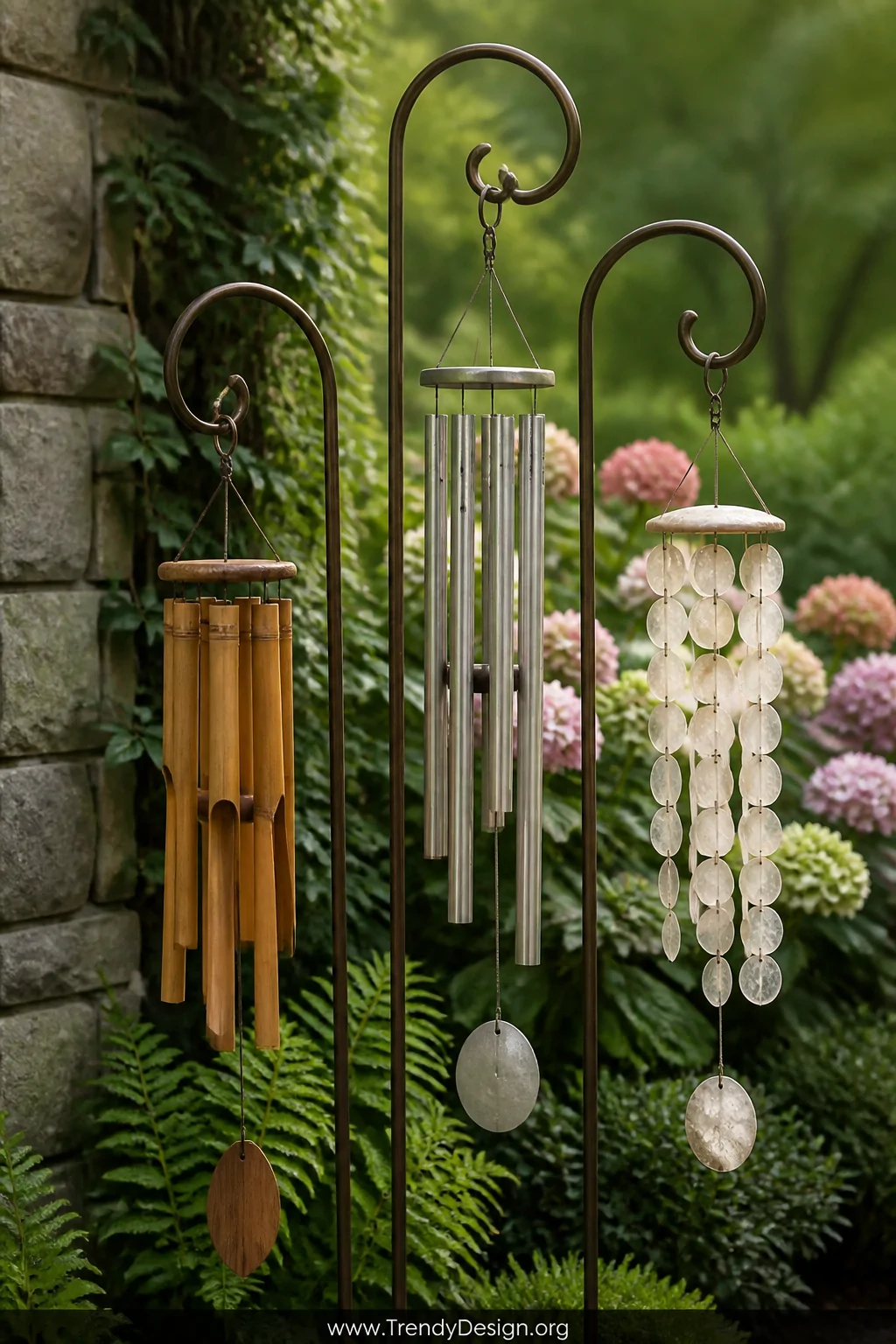 A close-medium outdoor garden shot of a cluster of three ornate shepherds hooks grouped together in a garden corner, each sus