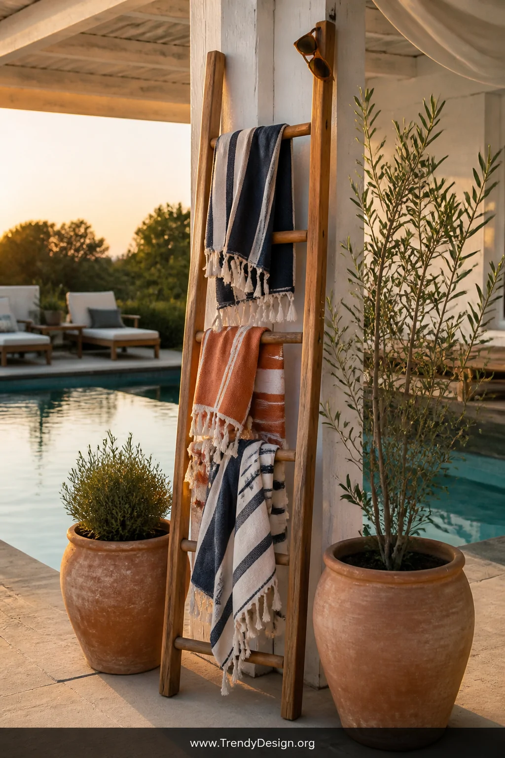 A medium shot of a freestanding teak ladder rack leaned against a whitewashed pergola post beside a pool, with striped navy, 