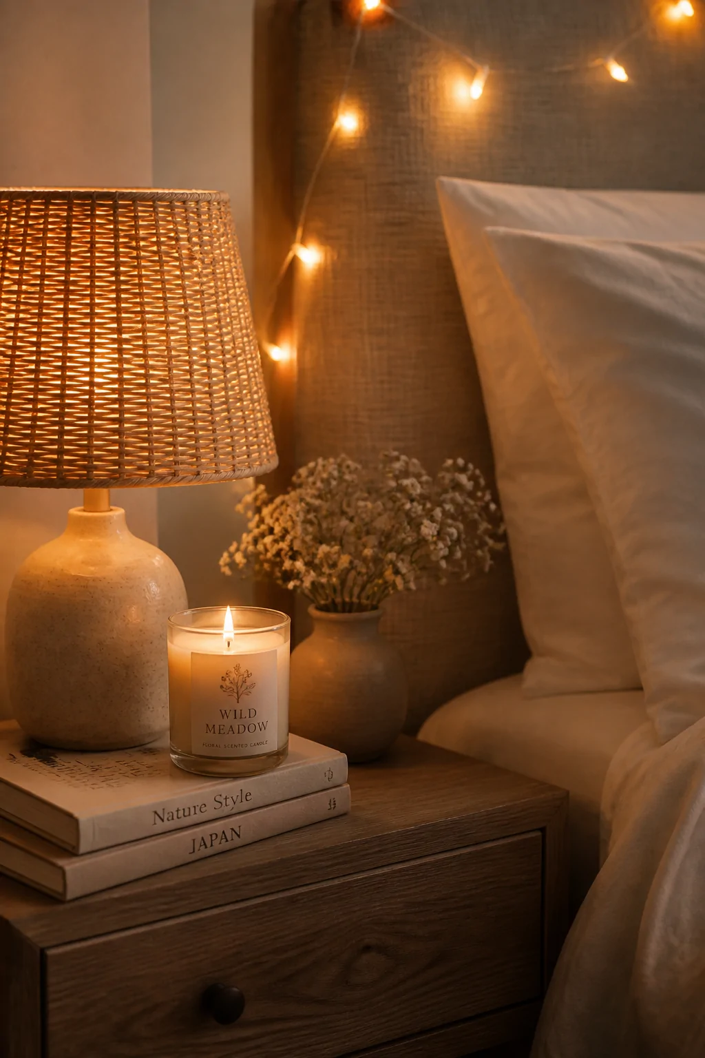 Close-up atmospheric shot of a cozy bedroom nightstand at dusk featuring a small bedside lamp with a warm rattan shade castin