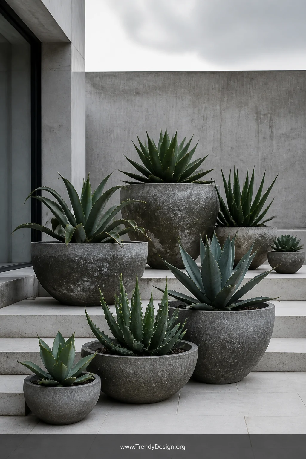 A wide shot of a minimalist concrete patio featuring a grouping of rough-textured handmade concrete bowls in varying sizes ar